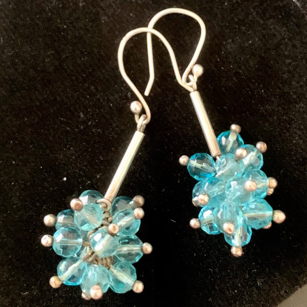 Silver 950 and Light Blue Crystals Dangle Earrings